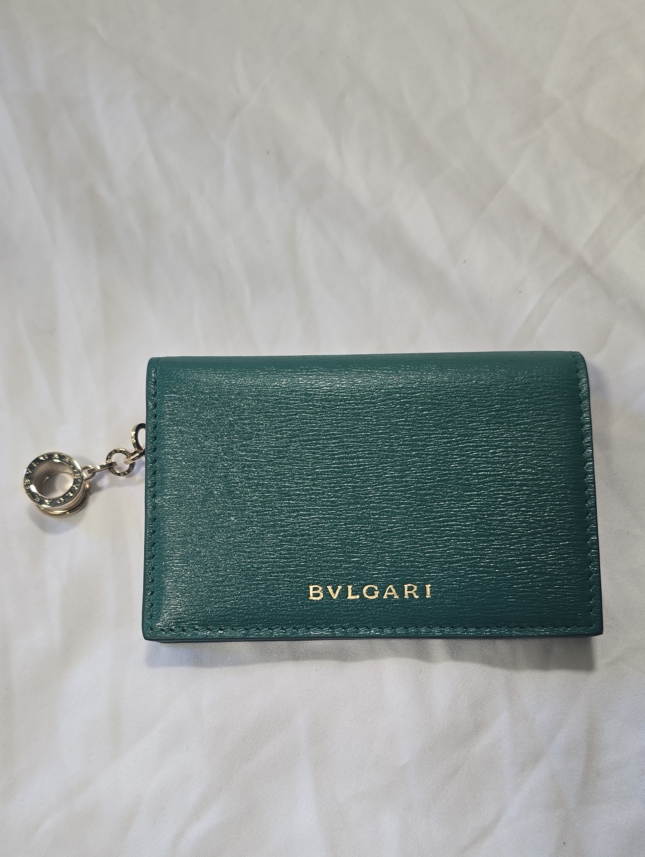 Bulgari Emerald Green Leather Fold Card Holder With Gold Charm
